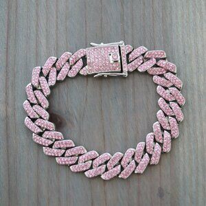15mm 8inches Cuban Point Curb Diamond Chain Pink Silver with Rhinestones